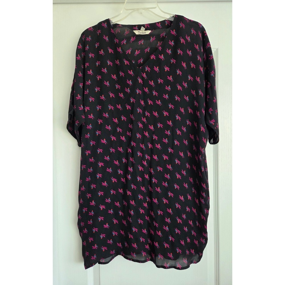 Tucker‎ Vintage Silk Black Pink Floral V-neck Short Sleeve Mini Dress/Tunic Sz L